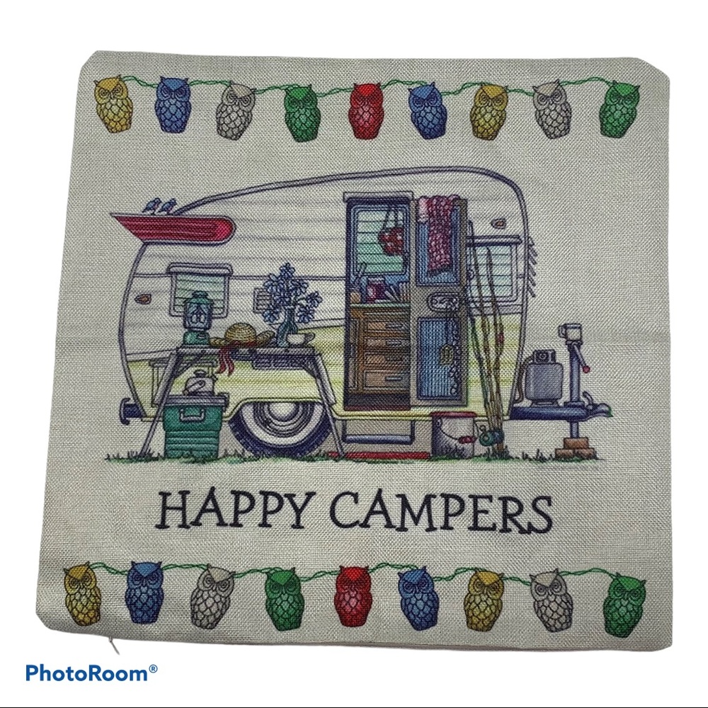 HAPPY CAMPER Throw Pillow Zipper Cover 17”x17” RV Caravan Traveler Vacation